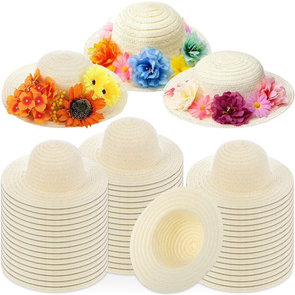6635 50 Pcs DIY Tea Party Straw Sun Hats Bulk, Plain Straw Cowboy Hats